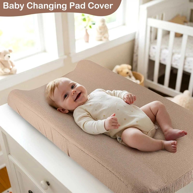 Basumee Muslin Changing Pad Cover Waterproof 2 Pack Baby Changing Table Covers for Boys and Girls Soft Breathable Nursery Diaper Change Table Cover Pad Fits 32"x16", Lvory and Brown - Image 4